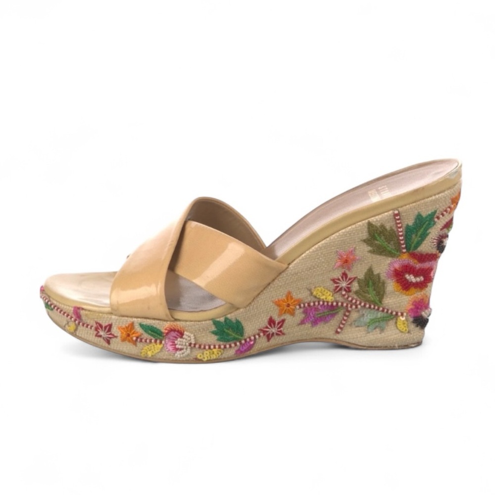 Stuart Weitzman Beige Patent Leather Embroidered Espadrille Wedge Sandals